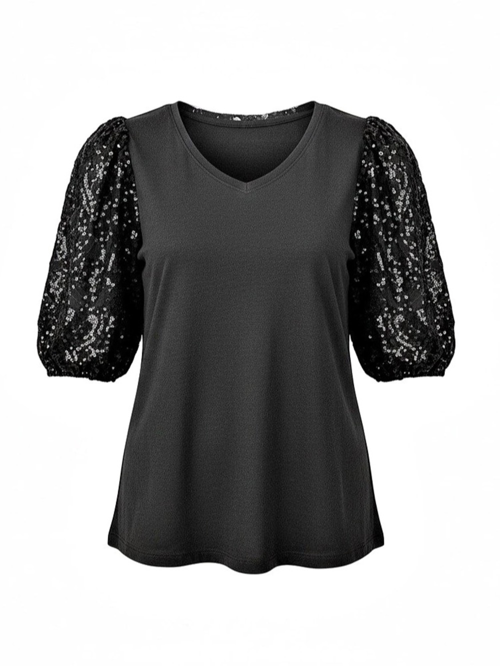 Anthropology Blouson Sleeve Sequin round Neck Top Black Sz M